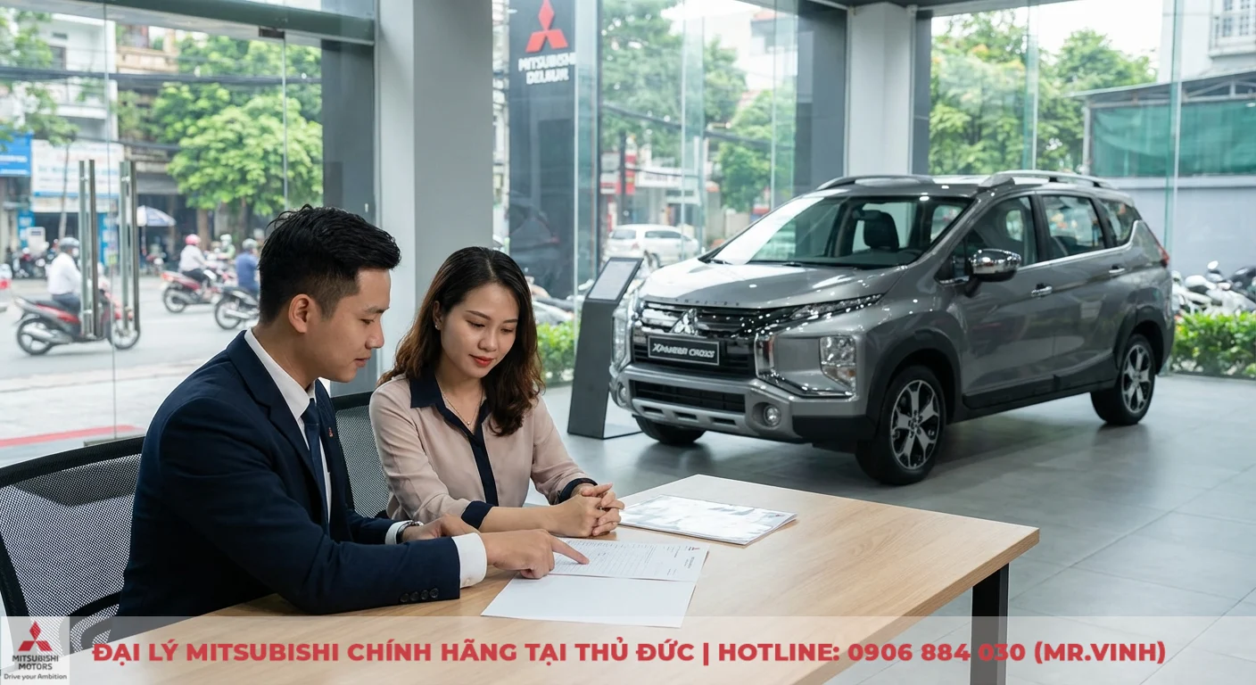 Kh&aacute;ch h&agrave;ng v&agrave; nh&acirc;n vi&ecirc;n tư vấn Mitsubishi Xpander Cross thảo luận giấy tờ cho nhu cầu mua xe trả g&oacute;p