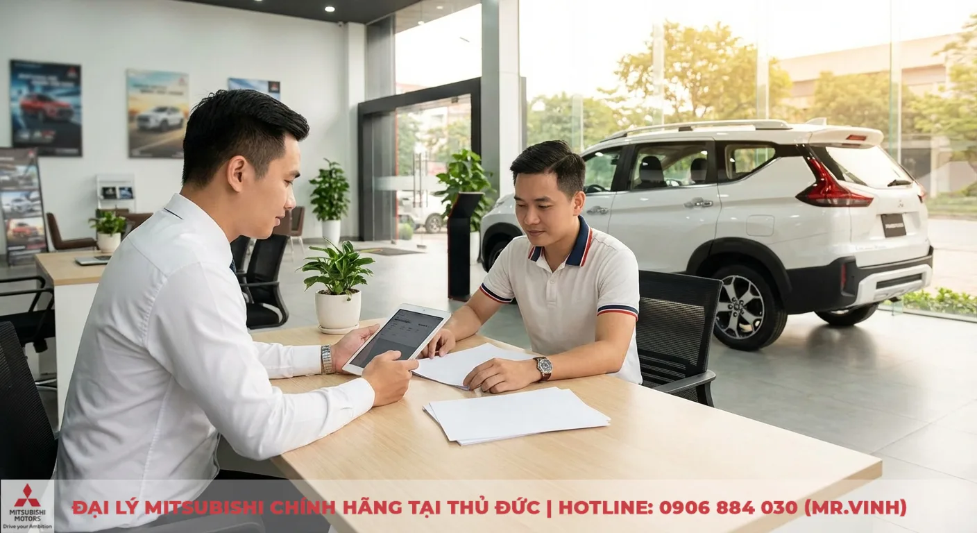 Nh&acirc;n vi&ecirc;n Mitsubishi Saigon 3S tư vấn kh&aacute;ch h&agrave;ng về ch&iacute;nh s&aacute;ch trả g&oacute;p Mitsubishi Xpander Cross 2026 qua m&aacute;y t&iacute;nh bảng