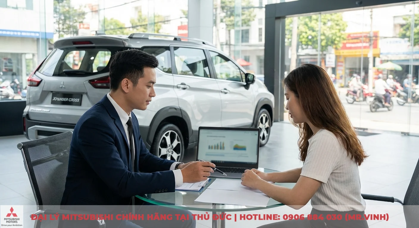 Kh&aacute;ch h&agrave;ng v&agrave; nh&acirc;n vi&ecirc;n tư vấn thảo luận về l&atilde;i suất vay mua xe Xpander Cross với số liệu tr&ecirc;n laptop