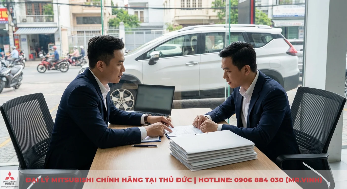 Hai người đ&agrave;n &ocirc;ng xem x&eacute;t hồ sơ, thủ tục mua xe Xpander Cross 2026 trả g&oacute;p tại TP.HCM tr&ecirc;n b&agrave;n l&agrave;m việc