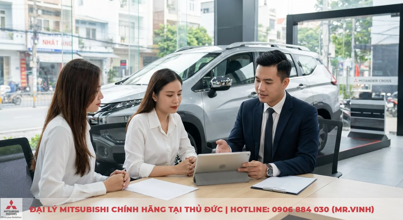 Kh&aacute;ch h&agrave;ng được tư vấn về bảng t&iacute;nh trả g&oacute;p Mitsubishi Xpander Cross 2026 v&agrave; chi ph&iacute; lăn b&aacute;nh tại đại l&yacute;