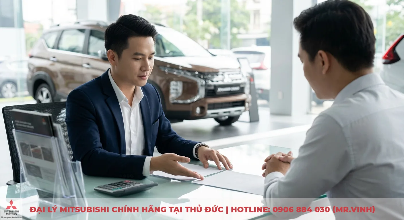 Kh&aacute;ch h&agrave;ng trao đổi với tư vấn vi&ecirc;n về ph&iacute; ph&aacute;t sinh khi mua Xpander Cross trả g&oacute;p