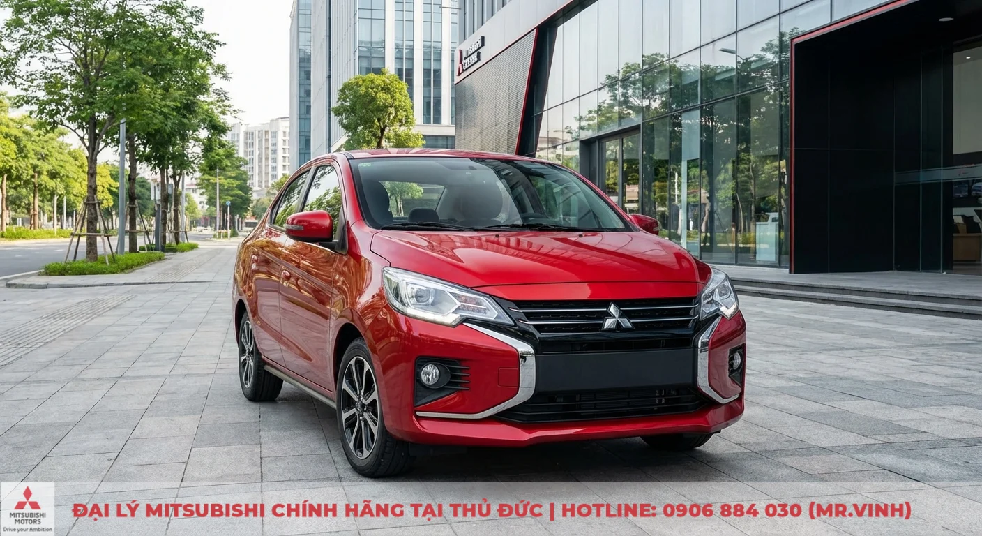 Ngoại thất Mitsubishi Attrage 2026 m&agrave;u đỏ với ng&ocirc;n ngữ thiết kế Dynamic Shield thế hệ mới, lưới tản nhiệt ấn tượng v&agrave; đ&egrave;n LED sắc sảo