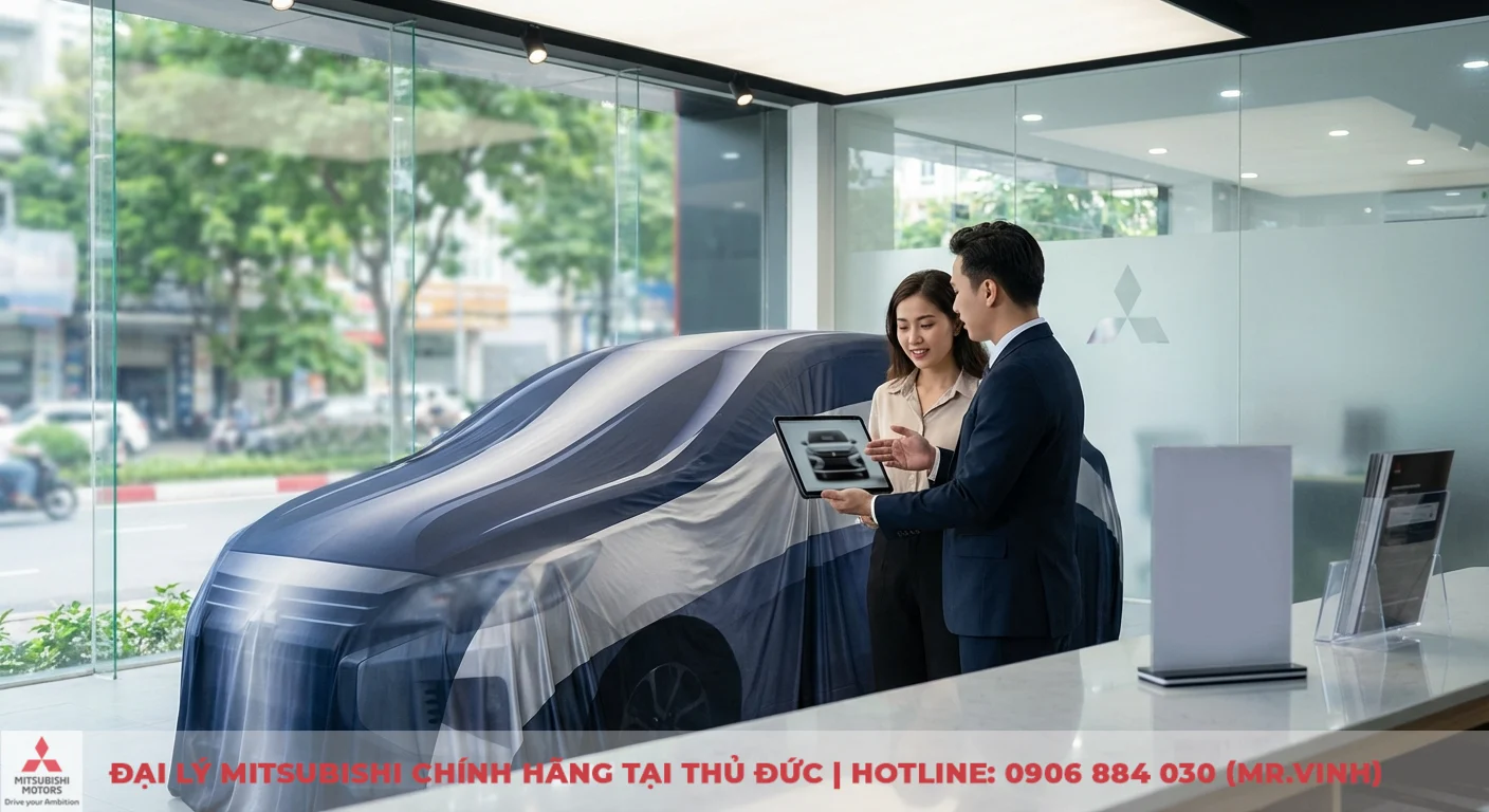 Kh&aacute;ch h&agrave;ng tại Mitsubishi Saigon 3S t&igrave;m hiểu về Attrage 2026 qua tablet, xe mới đang chờ ra mắt