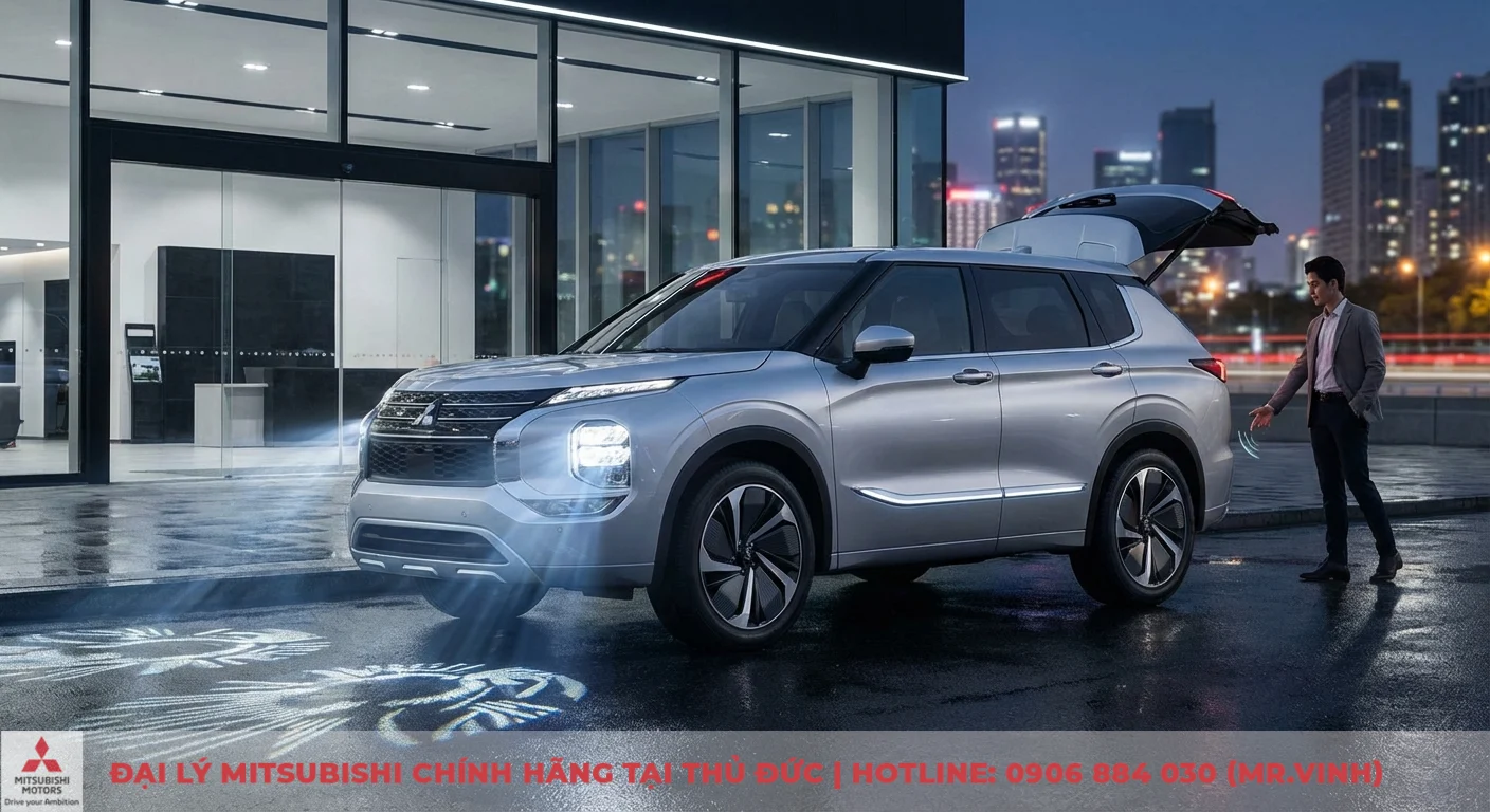 Ngoại thất Destinator 2026: Đánh giá thiết kế concept & thông số 2 Xe SUV bạc hiện đại đỗ trước tòa nhà kính vào buổi tối, đèn pha chiếu hình ảnh, cốp điện mở tương tác với người dùng