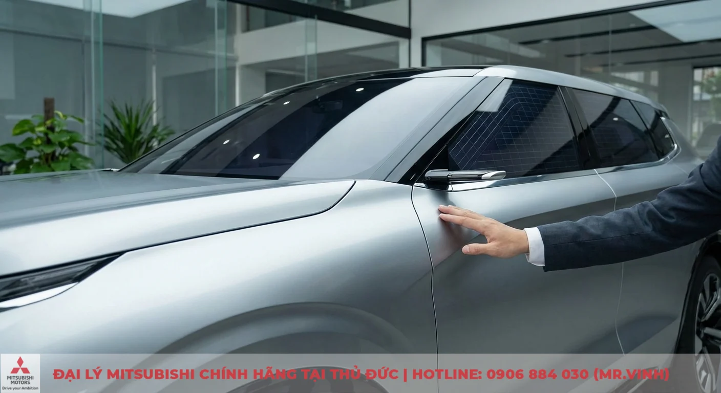 Ngoại thất Destinator 2026: Đánh giá thiết kế concept & thông số 3 Bàn tay chạm vào thân xe ô tô màu bạc với kính tích hợp tấm pin năng lượng mặt trời siêu mỏng, thể hiện vật liệu tiên tiến