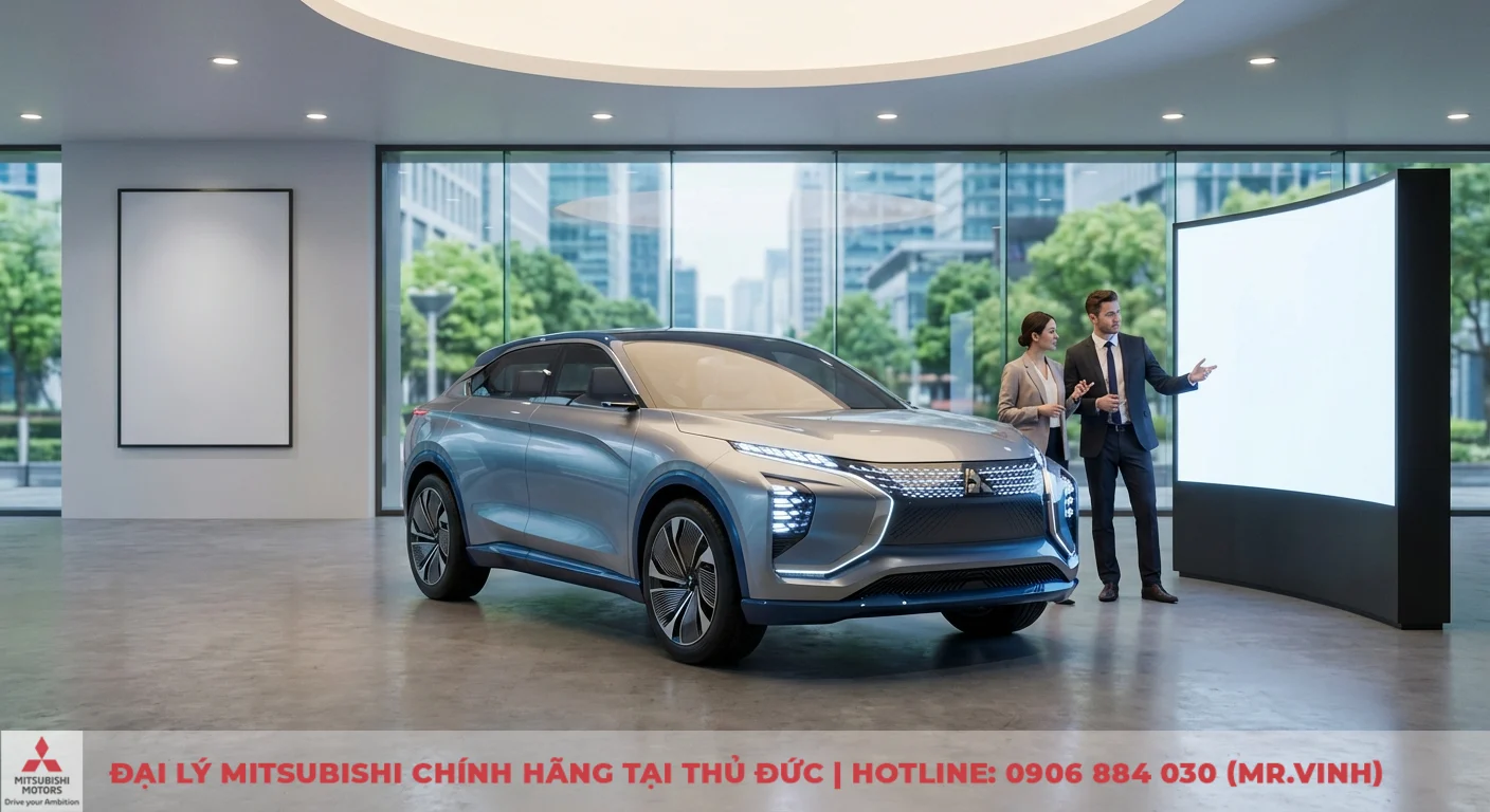 Ngoại thất Destinator 2026: Đánh giá thiết kế concept & thông số 4 Một chiếc xe concept Mitsubishi Destinator 2026 màu bạc trong showroom, hai người trình bày bên cạnh màn hình lớn trắng