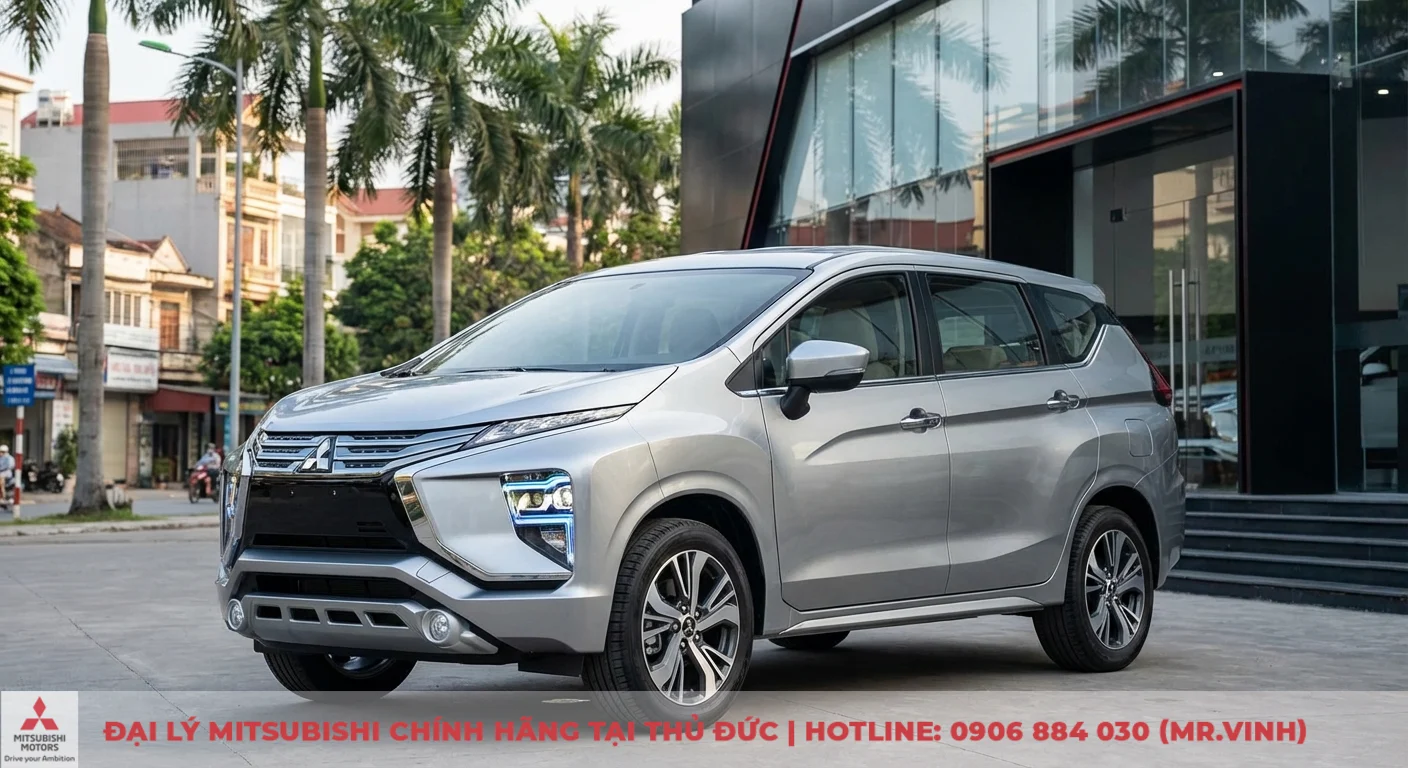 Ngoại thất Xpander 2026 m&agrave;u bạc hiện đại, nổi bật lưới tản nhiệt Dynamic Shield, đ&egrave;n LED hai tầng sắc n&eacute;t v&agrave; m&acirc;m xe thể thao