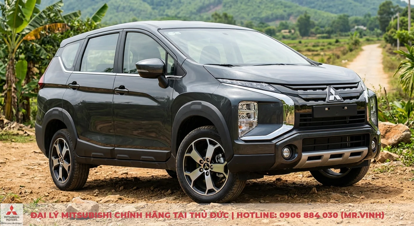 Ngoại thất Xpander Cross 2026: Phân tích thiết kế & điểm nhấn 2 Xpander Cross màu xám với điểm nhấn ngoại thất: mâm hợp kim đa chấu, ốp vòm bánh mở rộng và khoảng sáng gầm cao trên đường đất