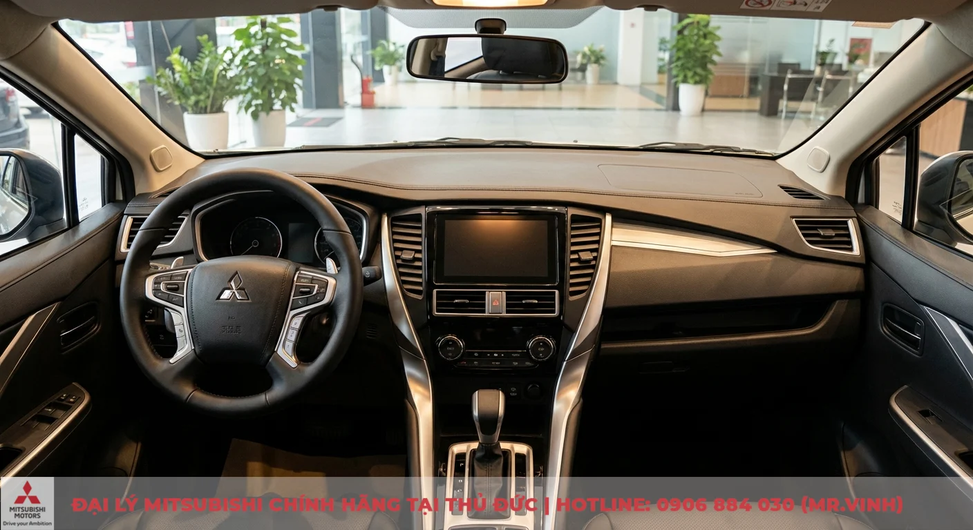 Nội thất khoang l&aacute;i Attrage 2026 lột x&aacute;c với ng&ocirc;n ngữ thiết kế Dynamic Shield mới, thể hiện tr&ecirc;n v&ocirc; lăng, m&agrave;n h&igrave;nh v&agrave; cần số