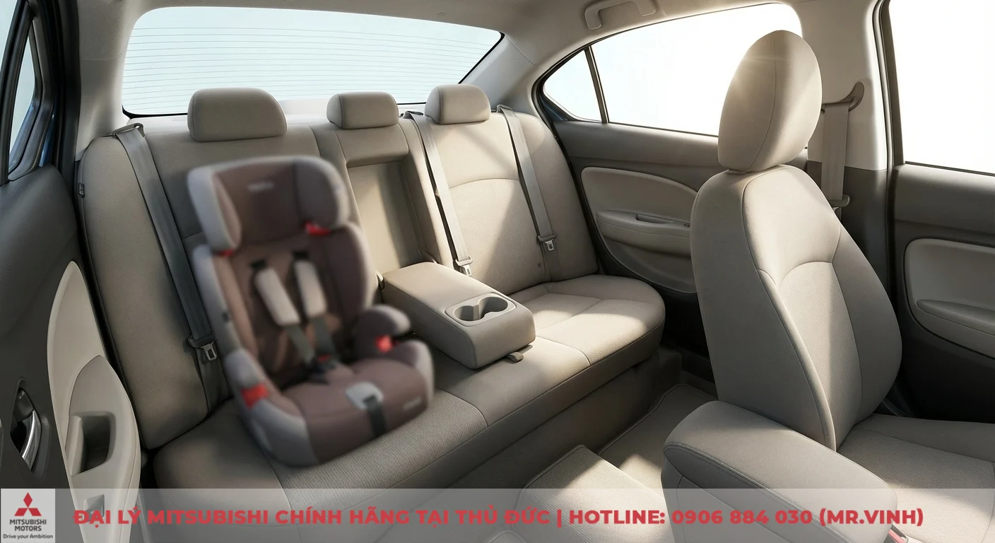 H&agrave;ng ghế sau Attrage rộng r&atilde;i với bệ tỳ tay trung t&acirc;m t&iacute;ch hợp khay đựng cốc v&agrave; ghế trẻ em, tối ưu kh&ocirc;ng gian tiện nghi