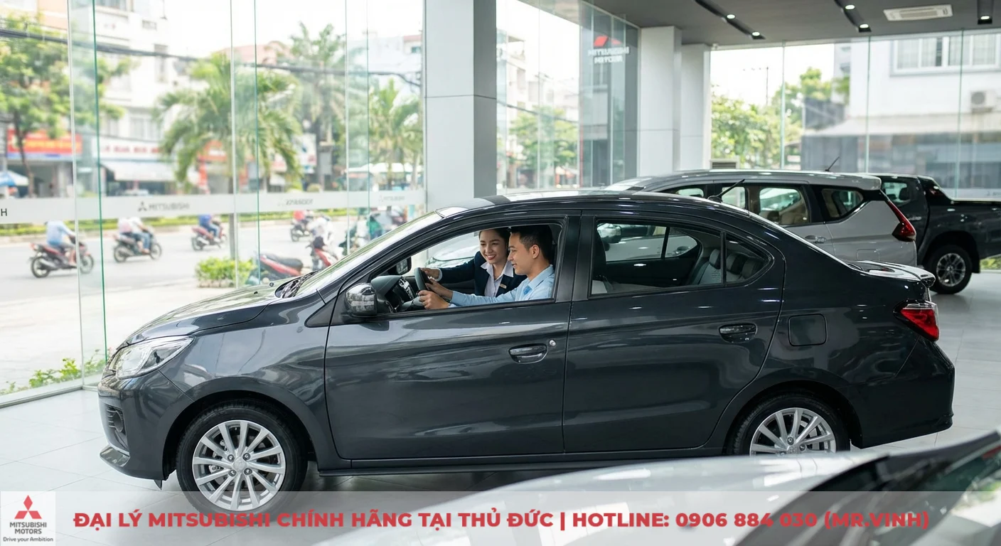 Người mua trải nghiệm Attrage 2026 với tư vấn vi&ecirc;n tại showroom Mitsubishi S&agrave;i G&ograve;n ở TP.HCM v&agrave; Thủ Đức