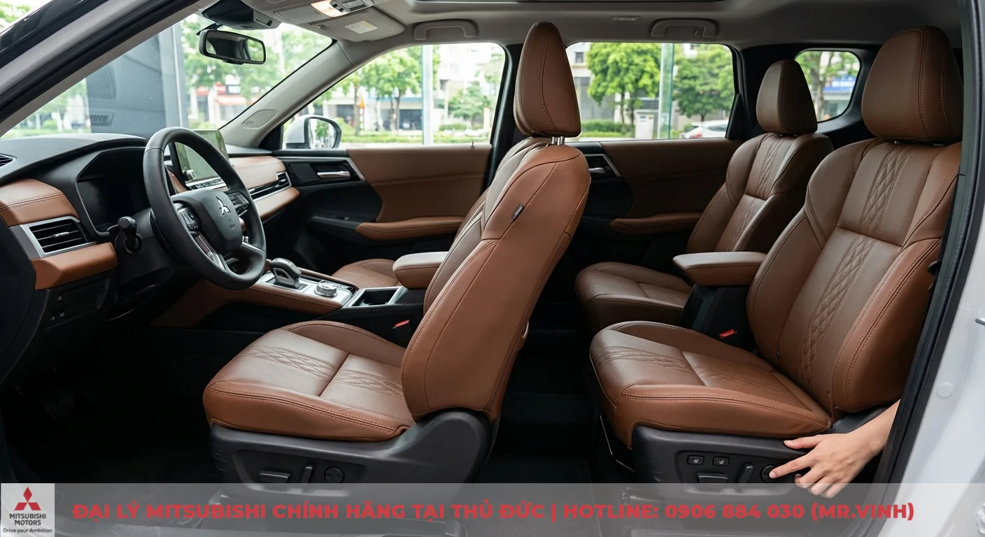 Nội thất Destinator 2026: Tầm nhìn Mitsubishi cho không gian xe. 3 Nội thất xe hơi với ghế da cao cấp màu nâu, tay người nhấn nút điều khiển chỉnh điện và vô lăng