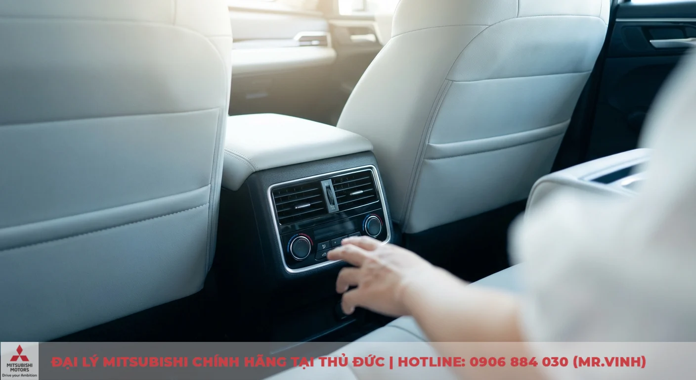 Nội thất Destinator 2026: Tầm nhìn Mitsubishi cho không gian xe. 4 Nội thất xe hơi với hàng ghế sau bọc da sáng, tay người điều chỉnh hệ thống điều hòa không khí và cửa gió phía sau