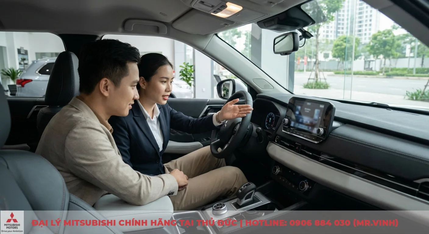 Nội thất Destinator 2026: Tầm nhìn Mitsubishi cho không gian xe. 5 Một người phụ nữ đang tư vấn cho khách hàng nam về nội thất và công nghệ của xe ô tô trong showroom