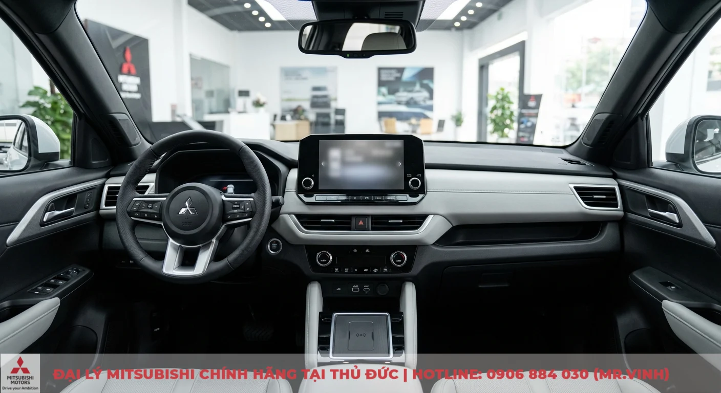 Khoang l&aacute;i hiện đại của Mitsubishi Xforce với m&agrave;n h&igrave;nh cảm ứng trung t&acirc;m, v&ocirc; lăng, sạc kh&ocirc;ng d&acirc;y v&agrave; cổng USB