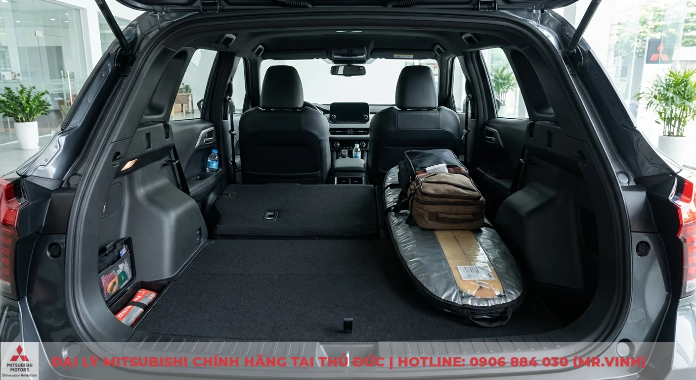 Khoang chứa đồ linh hoạt Mitsubishi Xforce 2026 với ghế sau gập phẳng, tối ưu chứa v&aacute;n lướt s&oacute;ng v&agrave; vật dụng tiện lợi