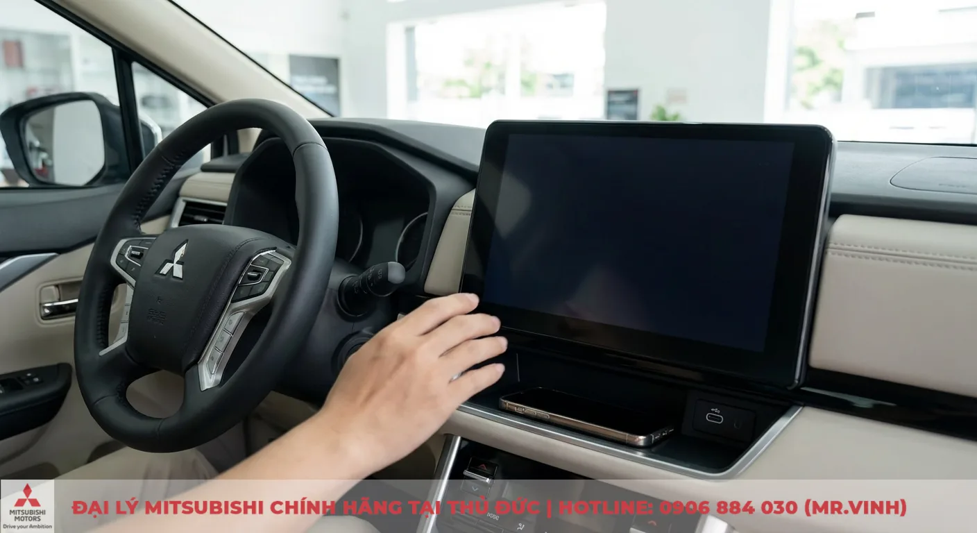 M&agrave;n h&igrave;nh cảm ứng giải tr&iacute; lớn v&agrave; cổng sạc USB-C hiện đại tr&ecirc;n Xpander 2026, minh họa tiện nghi v&agrave; c&ocirc;ng nghệ đột ph&aacute;