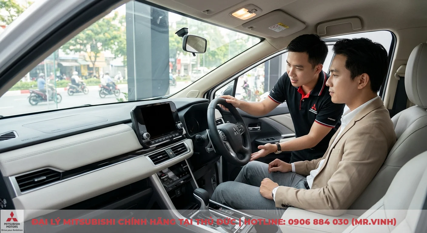 Kh&aacute;ch h&agrave;ng trải nghiệm thực tế nội thất Xpander 2026 c&ugrave;ng tư vấn vi&ecirc;n tại đại l&yacute; Mitsubishi S&agrave;i G&ograve;n 3S