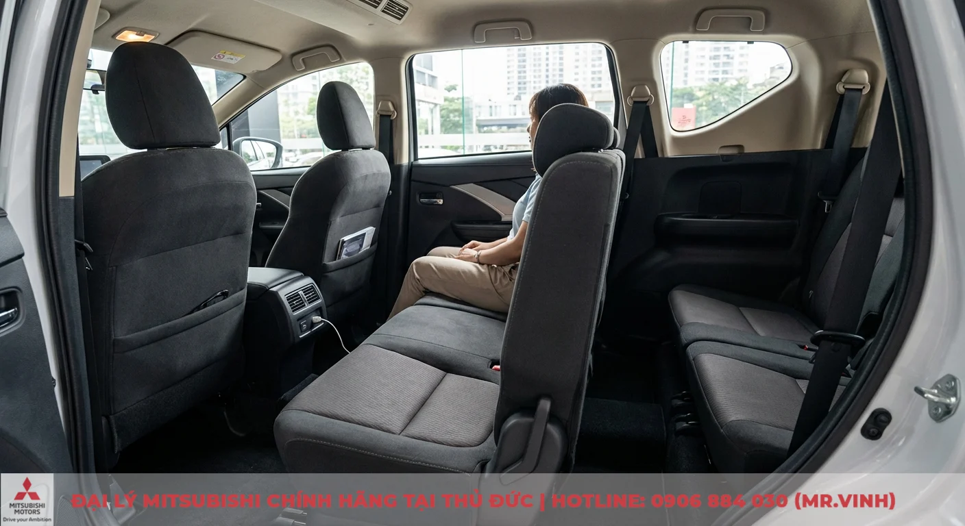 Cập nhật nội thất Xpander Cross 2026: Khoang lái, màn hình & ghế da. 2 Nội thất rộng rãi, linh hoạt Xpander Cross 2026 với hàng ghế 2, 3 tối ưu và tiện ích sạc, cửa gió sau