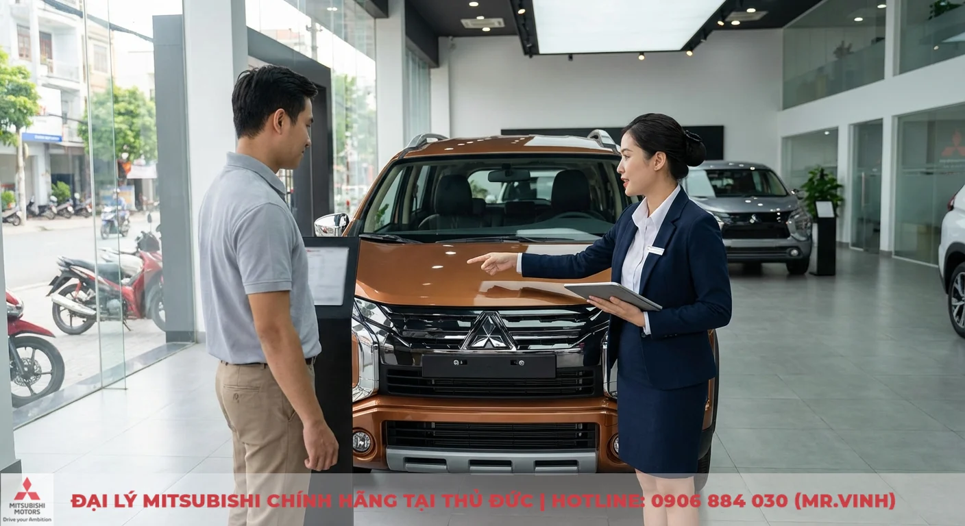 Cập nhật nội thất Xpander Cross 2026: Khoang lái, màn hình & ghế da. 3 Khách hàng tìm hiểu và trải nghiệm xe Xpander Cross 2026 màu đồng cùng nhân viên Mitsubishi Saigon 3S