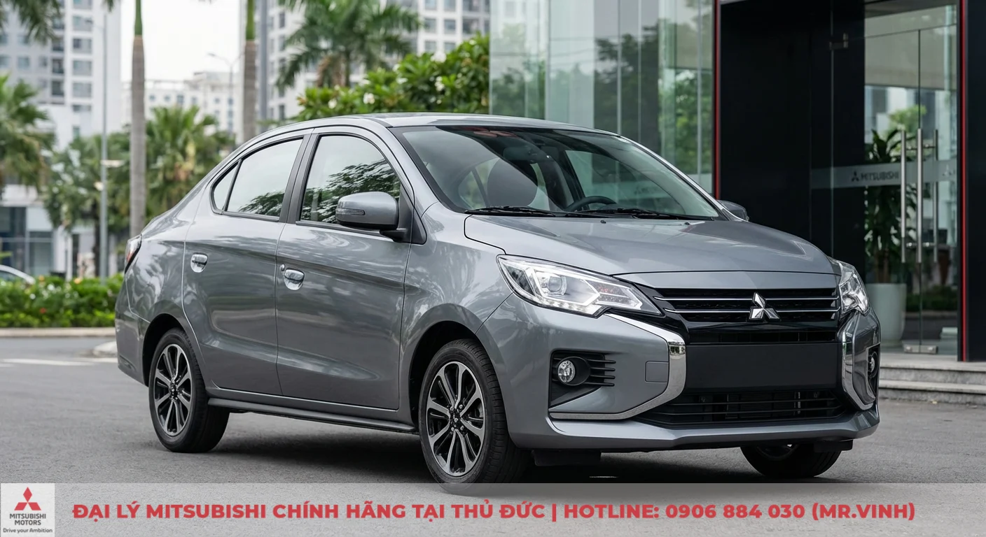 Phiên bản Attrage 2026: Cập nhật thông số và so sánh chi tiết 1 Mitsubishi Attrage với ngoại thất Dynamic Shield hiện đại, đèn LED sắc sảo, minh họa kỳ vọng về thiết kế 2026