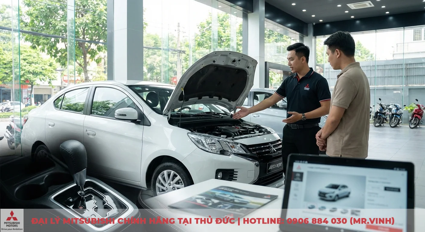 Phiên bản Attrage 2026: Cập nhật thông số và so sánh chi tiết 2 Attrage 2026 mở nắp capo trưng bày động cơ, nhân viên tư vấn về công nghệ vận hành và hộp số tự động CVT