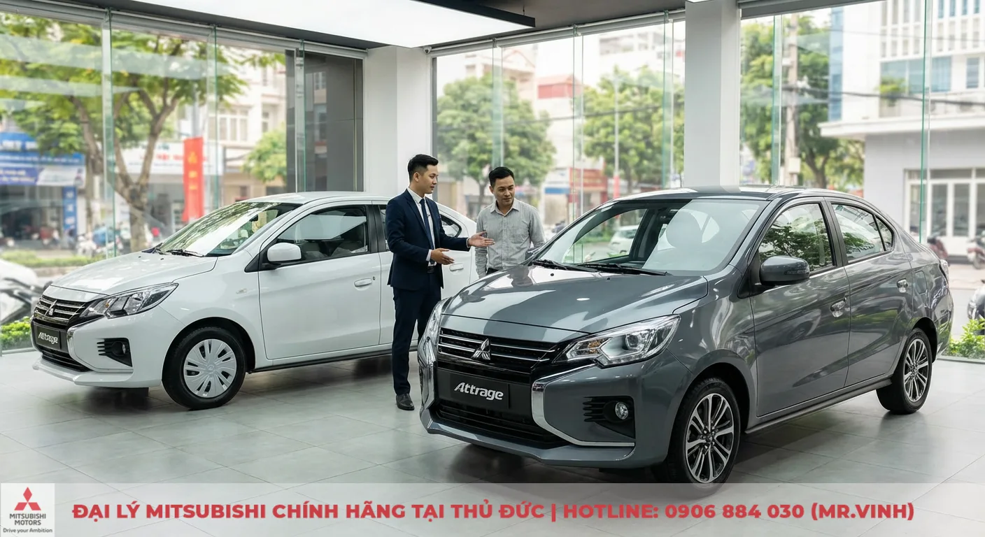Phiên bản Attrage 2026: Cập nhật thông số và so sánh chi tiết 3 Hai phiên bản Mitsubishi Attrage 2026 dự kiến màu trắng và xám đang được nhân viên tư vấn khách hàng tại showroom