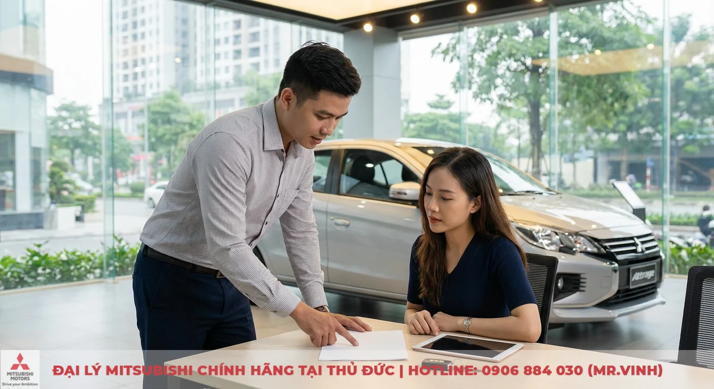 Phiên bản Attrage 2026: Cập nhật thông số và so sánh chi tiết 5 Tư vấn viên giới thiệu thông tin Mitsubishi Attrage 2026 cho khách hàng tại đại lý Thủ Đức, hỗ trợ đặt hàng
