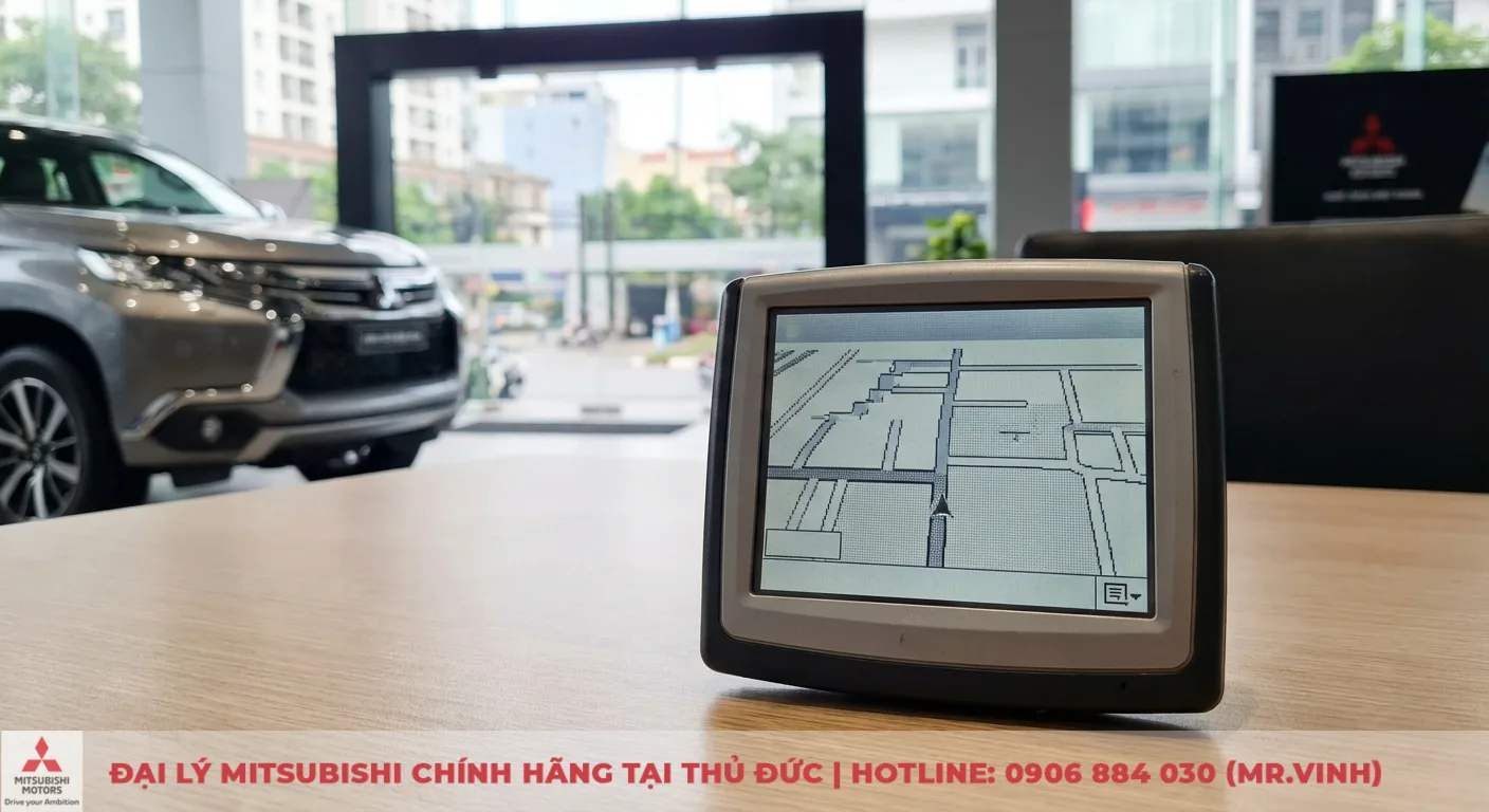 Thiết bị định vị GPS cầm tay m&agrave;u x&aacute;m tr&ecirc;n b&agrave;n gỗ hiển thị bản đồ đen trắng, ph&iacute;a sau l&agrave; xe hơi v&agrave; đường phố mờ ảo