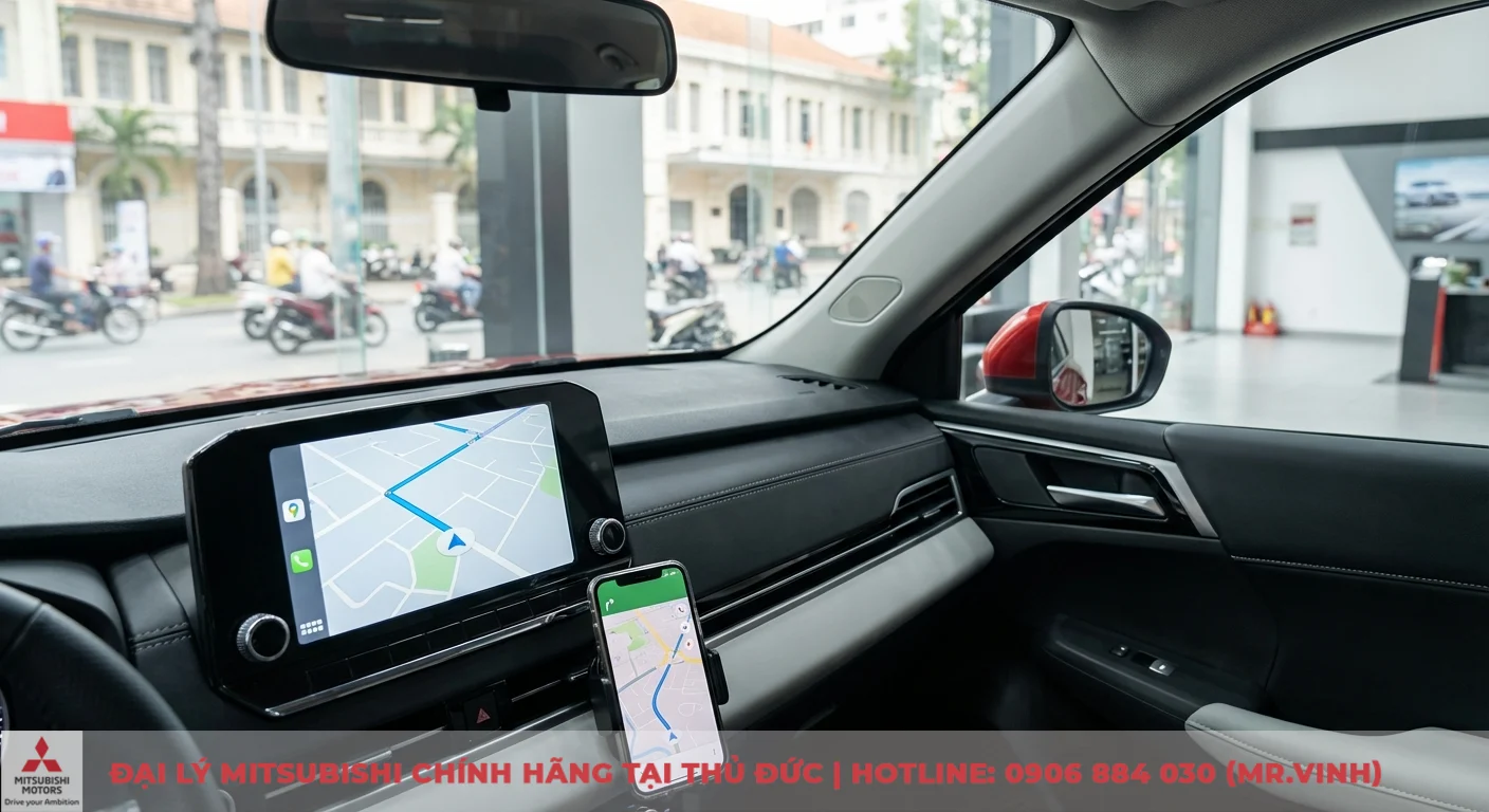 Nội thất xe hơi với m&agrave;n h&igrave;nh trung t&acirc;m v&agrave; điện thoại gắn tr&ecirc;n taplo hiển thị bản đồ định vị GPS, nh&igrave;n ra đường phố đ&ocirc;ng đ&uacute;c v&agrave; showroom