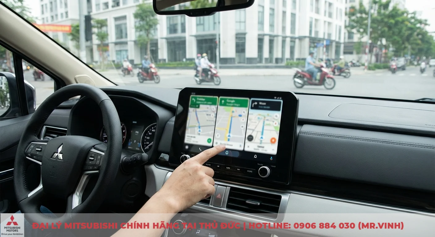 Nội thất xe Mitsubishi với v&ocirc; lăng v&agrave; m&agrave;n h&igrave;nh cảm ứng hiển thị ba ứng dụng định vị VietMap, Google Maps, Waze, một ng&oacute;n tay đang chạm v&agrave;o