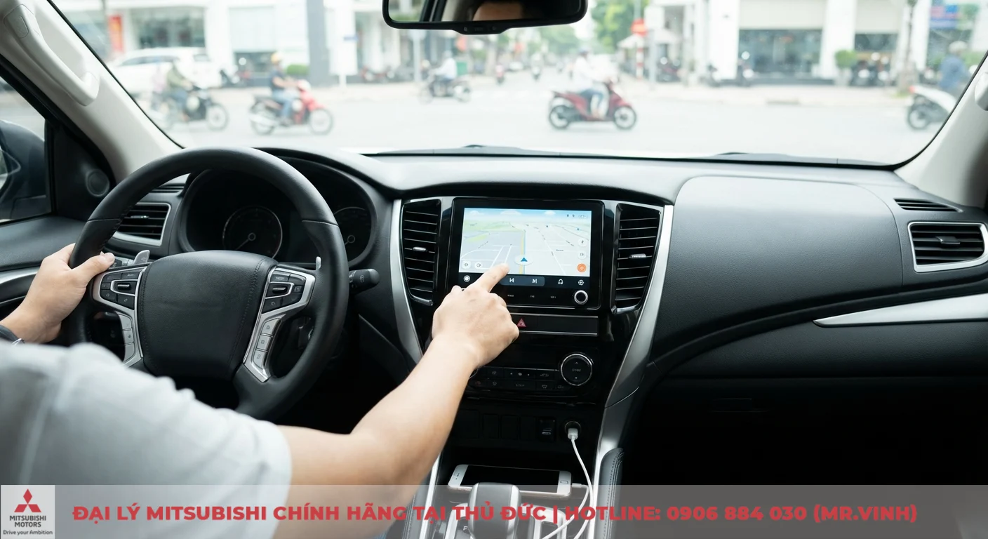 Nội thất xe hơi nh&igrave;n từ ghế l&aacute;i với người đang chạm m&agrave;n h&igrave;nh cảm ứng hiển thị bản đồ GPS, v&ocirc; lăng c&oacute; n&uacute;t điều khiển v&agrave; điện thoại sạc