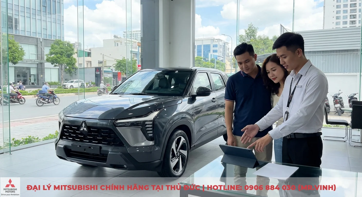 Mitsubishi Xforce m&agrave;u x&aacute;m trong showroom, nh&acirc;n vi&ecirc;n giới thiệu tổng quan xe v&agrave; giải đ&aacute;p kỳ vọng kh&aacute;ch h&agrave;ng