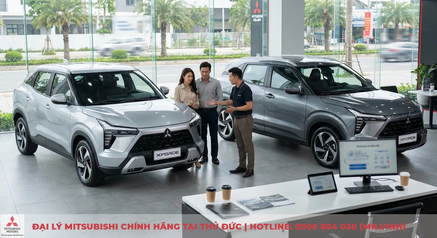 Hai phi&ecirc;n bản Mitsubishi Xforce 2026 kh&aacute;c nhau đang được nh&acirc;n vi&ecirc;n tư vấn cho cặp đ&ocirc;i kh&aacute;ch h&agrave;ng lựa chọn theo nhu cầu