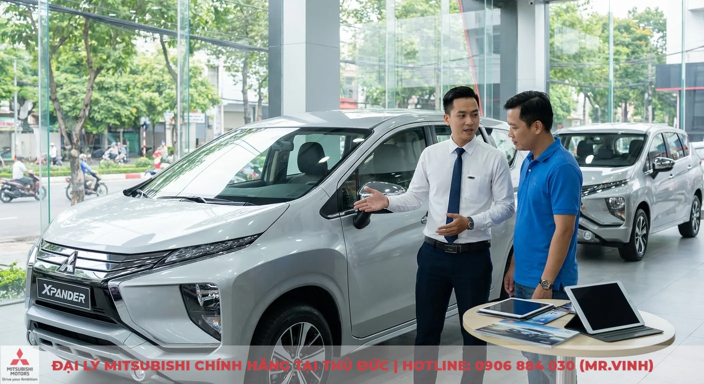 Mitsubishi Xpander m&agrave;u bạc trong showroom được nh&acirc;n vi&ecirc;n giới thiệu kh&aacute;ch h&agrave;ng, minh họa c&aacute;c phi&ecirc;n bản 2026