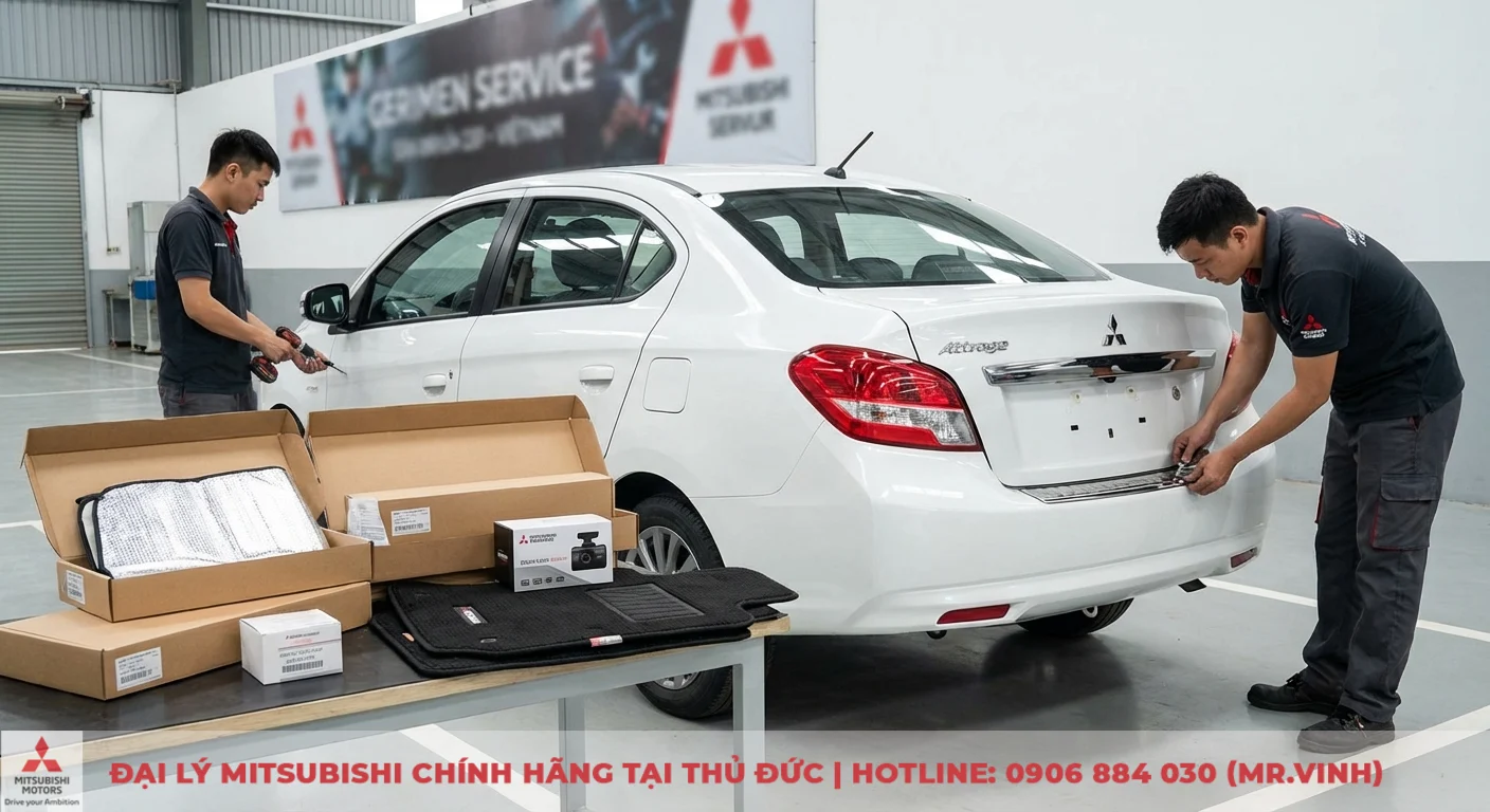 Phụ kiện Attrage 2026 chính hãng: Lắp đặt tại Mitsubishi Saigon 3S 1 Phụ kiện Attrage chính hãng được kỹ thuật viên chuyên nghiệp lắp đặt trên xe, bao gồm nẹp cốp, thảm sàn và camera hành trình