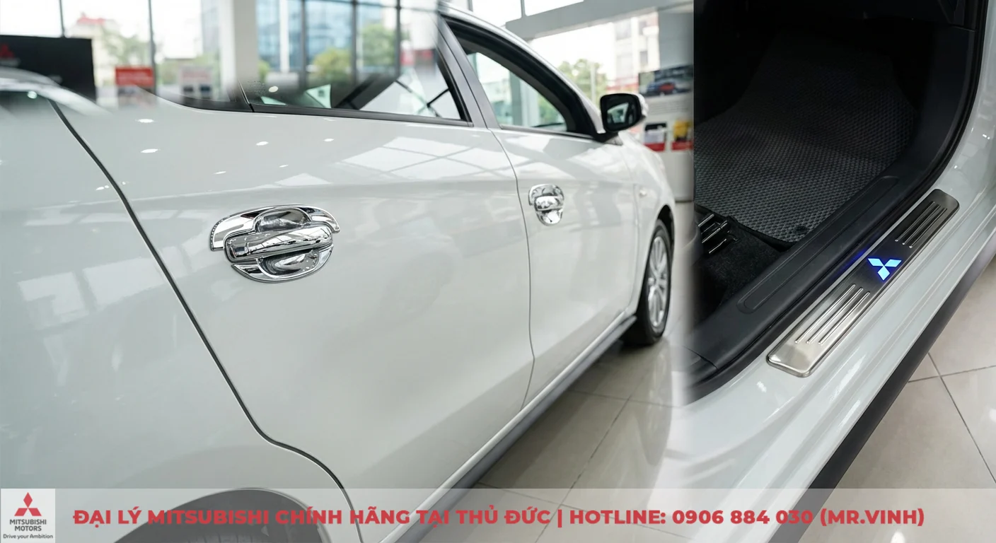 Phụ kiện Attrage 2026 chính hãng: Lắp đặt tại Mitsubishi Saigon 3S 2 Ốp hõm cửa chrome và nẹp bước chân có đèn LED cho Attrage 2026, tăng thẩm mỹ và bảo vệ chống trầy xước