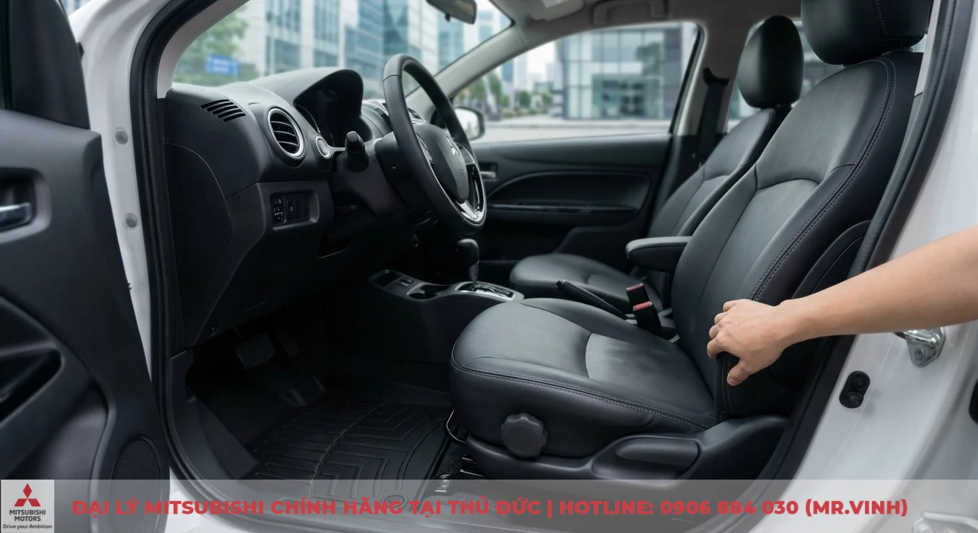 Phụ kiện Attrage 2026 chính hãng: Lắp đặt tại Mitsubishi Saigon 3S 3 Phụ kiện nội thất Attrage 2026 gồm ghế da cao cấp và thảm sàn tối ưu tiện nghi, an toàn