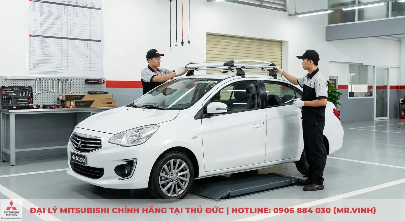Phụ kiện Attrage 2026 chính hãng: Lắp đặt tại Mitsubishi Saigon 3S 4 Kỹ thuật viên Mitsubishi Saigon 3S đang lắp đặt phụ kiện giá nóc cho xe Attrage 2026 theo quy trình chuyên nghiệp