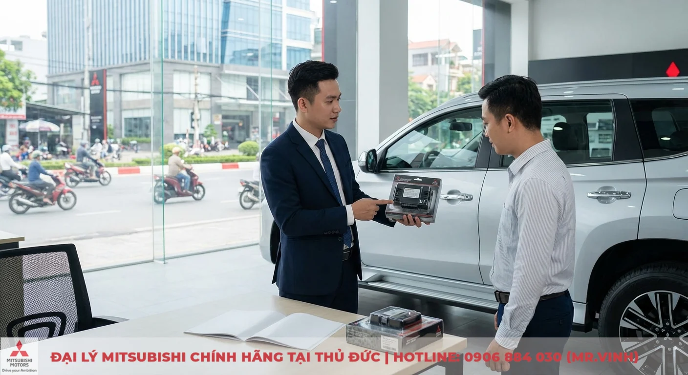 Nh&acirc;n vi&ecirc;n b&aacute;n h&agrave;ng chỉ v&agrave;o hộp phụ kiện xe, kh&aacute;ch h&agrave;ng đứng cạnh chiếc SUV bạc Mitsubishi trong showroom &ocirc; t&ocirc;