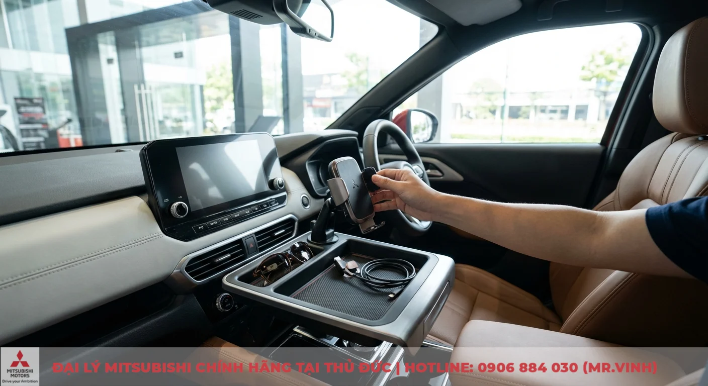 Phụ kiện tiện nghi Mitsubishi Xforce 2026 gồm gi&aacute; đỡ điện thoại, m&agrave;n h&igrave;nh giải tr&iacute; v&agrave; khay đựng đồ, n&acirc;ng tầm trải nghiệm l&aacute;i