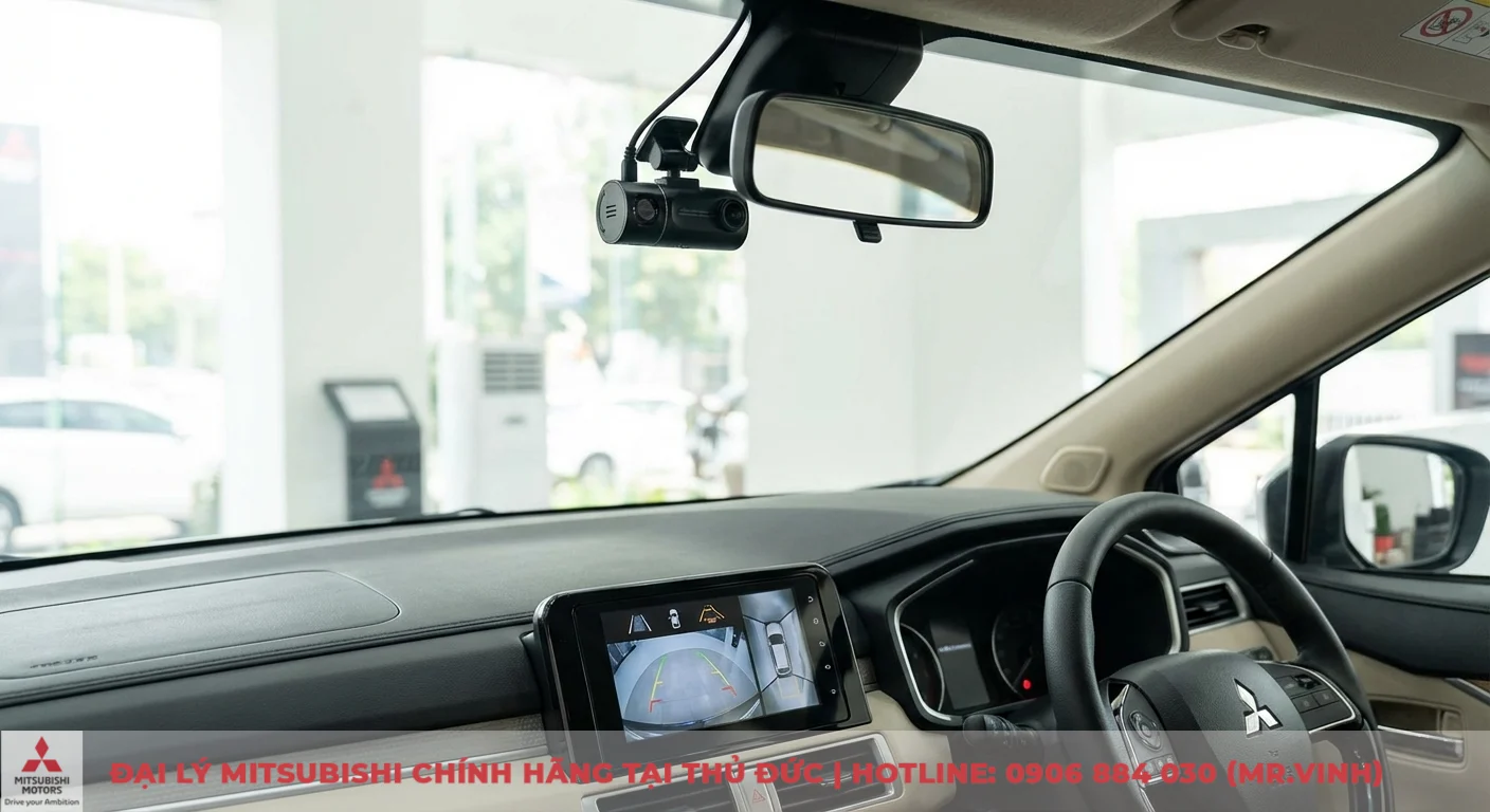 Phụ kiện Xpander 2026: camera h&agrave;nh tr&igrave;nh v&agrave; m&agrave;n h&igrave;nh hiển thị to&agrave;n cảnh 360 độ gi&uacute;p gi&aacute;m s&aacute;t đỗ xe