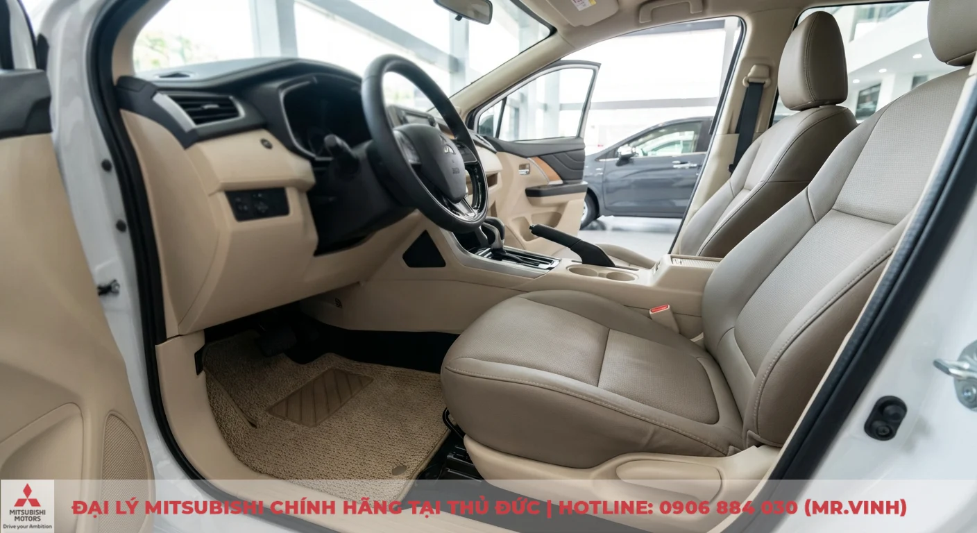 Thảm s&agrave;n v&agrave; bọc ghế da cao cấp m&agrave;u be trong nội thất Xpander 2026 tối ưu tiện &iacute;ch v&agrave; kh&ocirc;ng gian