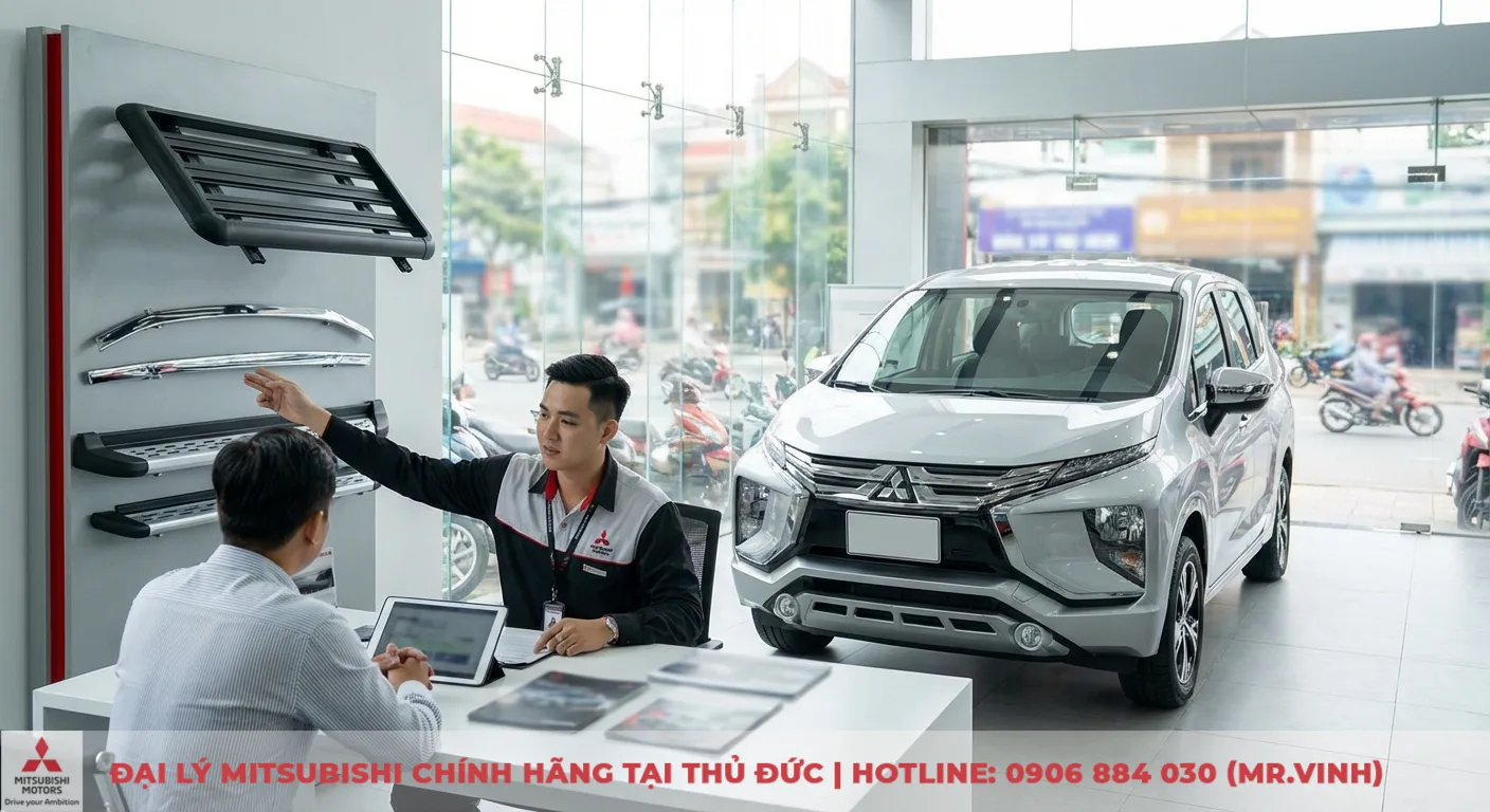 Nh&acirc;n vi&ecirc;n Mitsubishi Saigon 3S tư vấn kh&aacute;ch h&agrave;ng lựa chọn phụ kiện Xpander 2026 như baga mui, bệ bước tại showroom Thủ Đức, TP.HCM