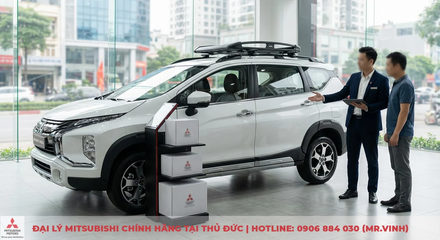 Phụ kiện Xpander Cross 2026 chính hãng: Cập nhật mới nhất 1 Xpander Cross 2026 trắng có giá nóc, được giới thiệu phụ kiện chính hãng Mitsubishi tại showroom