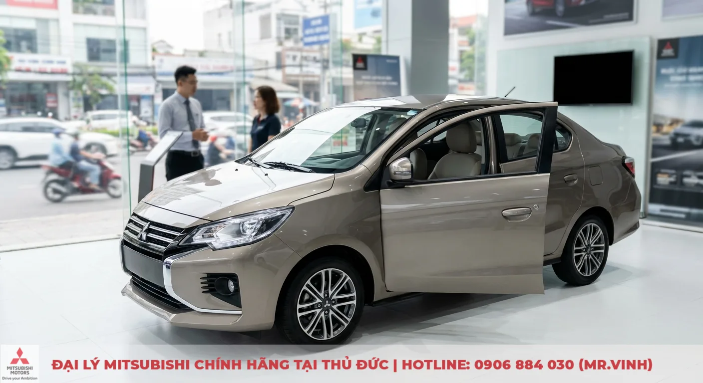So sánh Attrage 2026: Khác biệt phiên bản, giá & trang bị 1 Mitsubishi Attrage phiên bản mới trưng bày trong showroom, cửa mở hé lộ thiết kế ngoại thất và khoang nội thất hiện đại