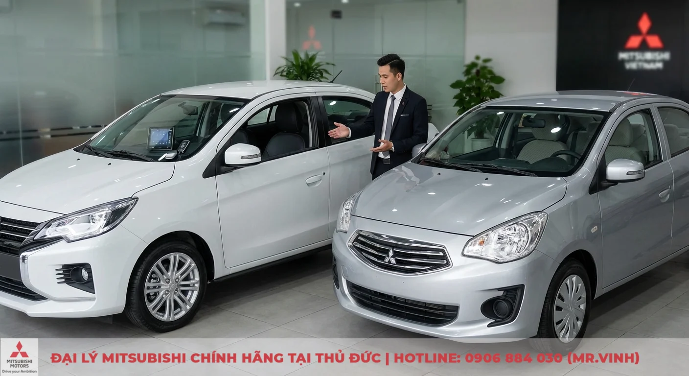 So sánh Attrage 2026: Khác biệt phiên bản, giá & trang bị 2 So sánh hai phiên bản Mitsubishi Attrage 2026 MT và CVT trong showroom, một nhân viên đang giới thiệu các tính năng