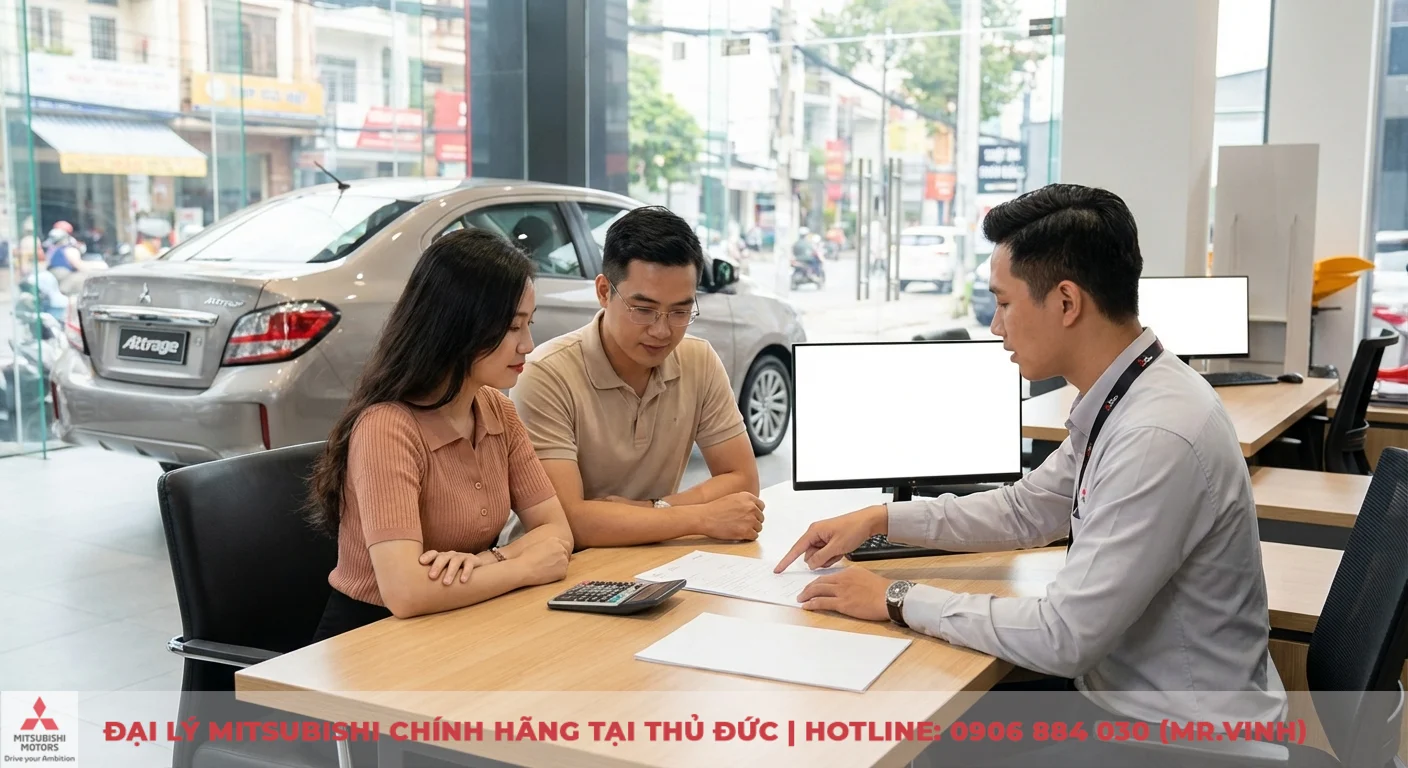 So sánh Attrage 2026: Khác biệt phiên bản, giá & trang bị 3 Khách hàng đang được nhân viên tư vấn chi phí lăn bánh và trả góp xe Attrage 2026 tại TP.HCM
