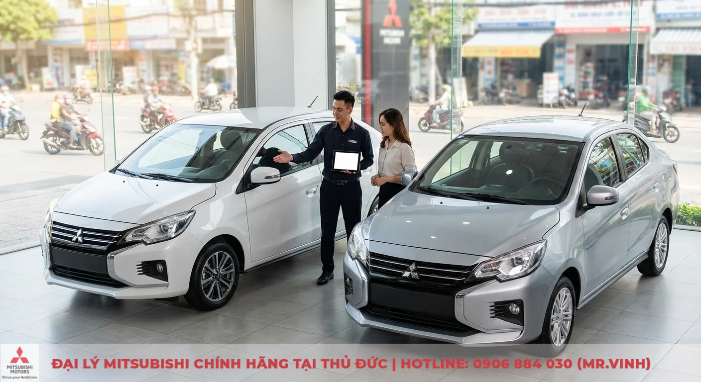 So sánh Attrage 2026: Khác biệt phiên bản, giá & trang bị 4 Nhân viên tư vấn các phiên bản Mitsubishi Attrage 2026 màu trắng và bạc để khách hàng lựa chọn phù hợp